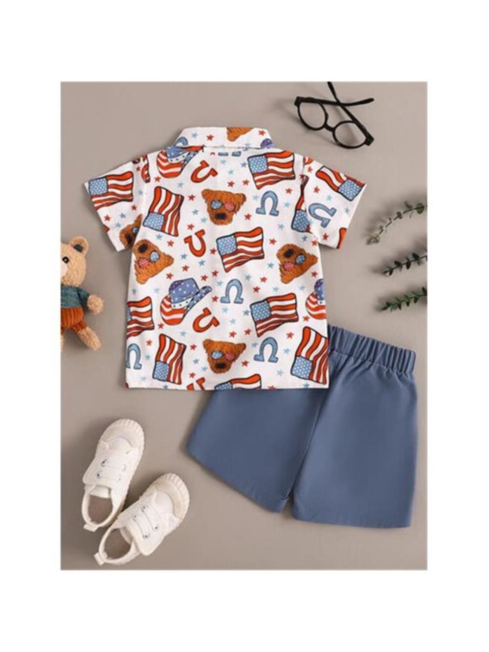 Children's American Flag Print Bow Tie Shirt & Shorts Set - Picture 6 of 12